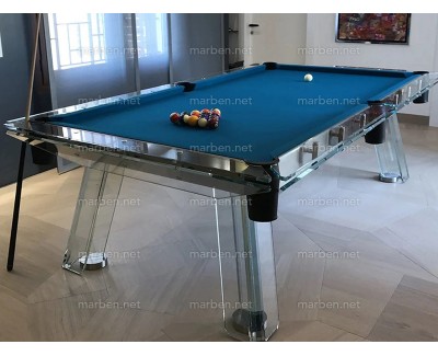 MESA DE BILLAR LUXURY GLASS1,  DE CRISTAL TEMPLADO ESTRUCTURA DE ACERO INOXIDABLE, 7FT ó 8FT